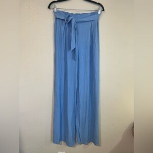 Linen Blend Womens Wide Leg Pants Medium Beachy Coastal Bohemian PaperBag Blue